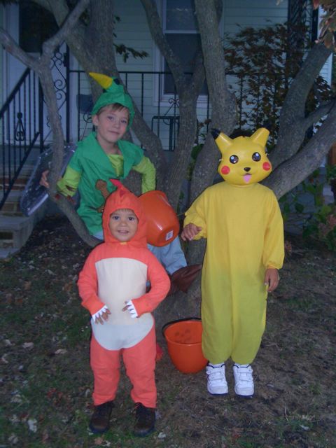 Elliot as Link, Alex as Pikachu, Nathan as a Dinosaur